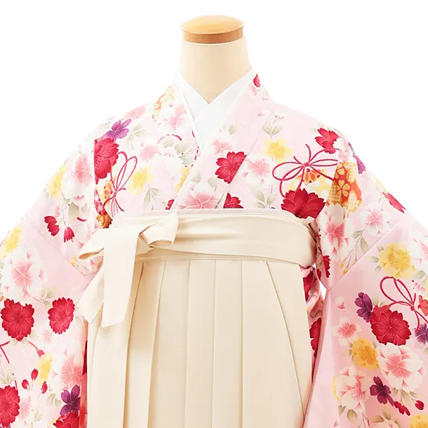 小学生卒業式かんたん袴(女の子) Z476 ピンク桜に鈴×クリーム桜
