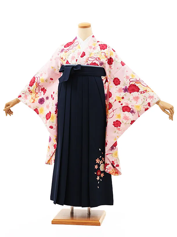 小学生卒業式略式袴(女の子) Z477 ピンク桜に鈴×紺桜
