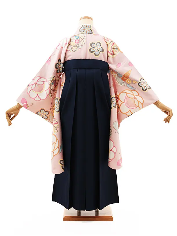 小学生卒業式略式袴(女の子) Z478 ペールピンク鞠に松竹梅×紺桜