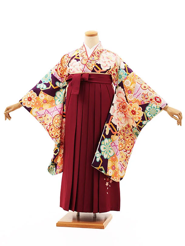 小学生卒業式略式袴(女の子) Z481 紫地古典牡丹×エンジ桜