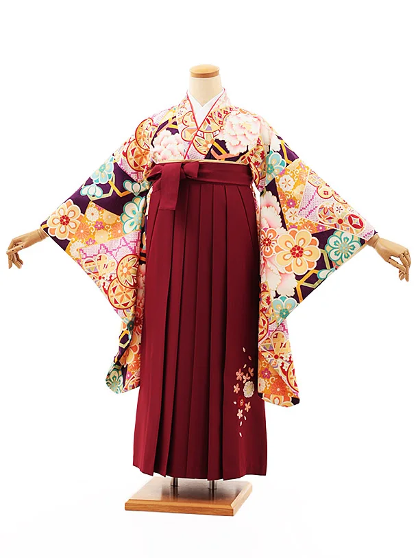 小学生卒業式略式袴(女の子) Z481 紫地古典牡丹×エンジ桜