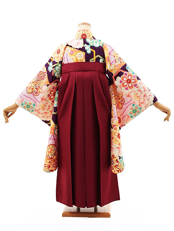 小学生卒業式略式袴(女の子) Z481 紫地古典牡丹×エンジ桜