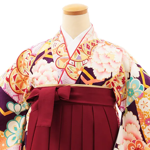 小学生卒業式略式袴(女の子) Z481 紫地古典牡丹×エンジ桜