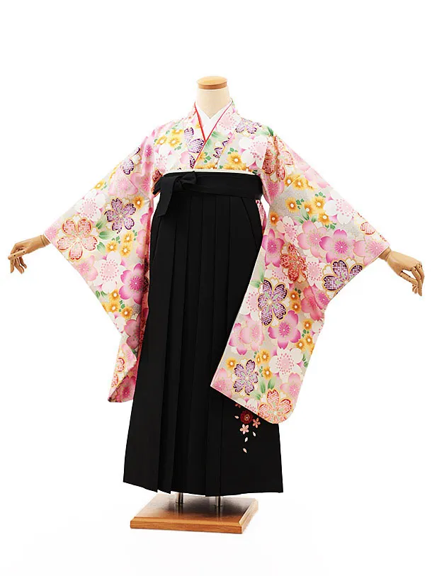 小学生卒業式略式袴(女の子) Z482 薄グレー桜づくし×黒桜