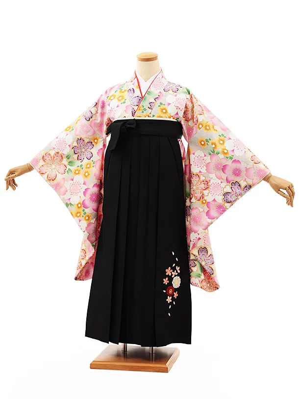 小学生卒業式略式袴(女の子) Z482 薄グレー桜づくし×黒桜