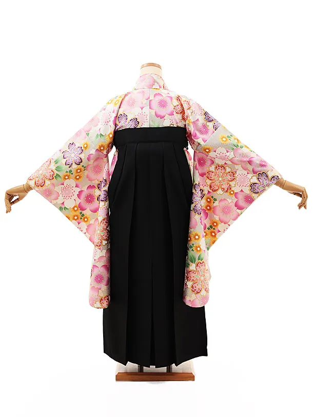 小学生卒業式略式袴(女の子) Z482 薄グレー桜づくし×黒桜