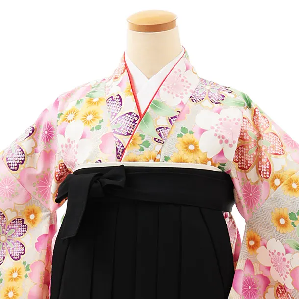 小学生卒業式略式袴(女の子) Z482 薄グレー桜づくし×黒桜