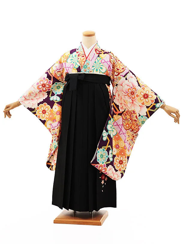 小学生卒業式略式袴(女の子) Z483 紫地古典牡丹×黒桜