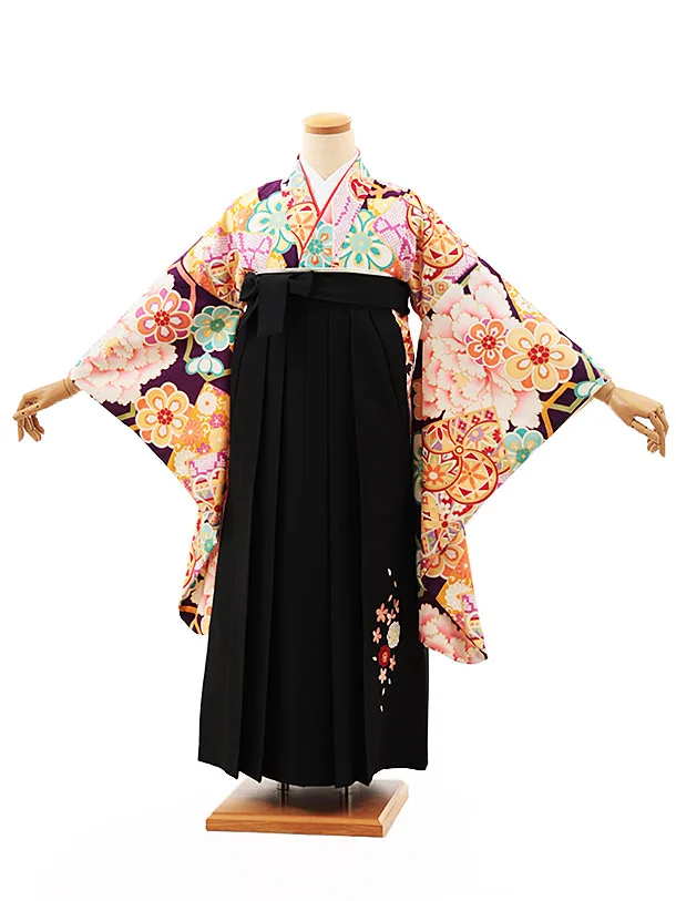 小学生卒業式略式袴(女の子) Z483 紫地古典牡丹×黒桜