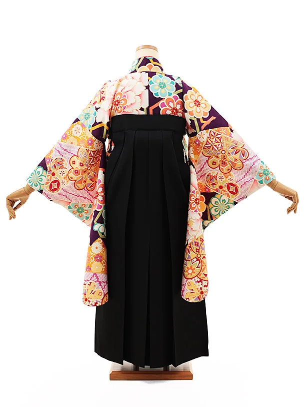 小学生卒業式略式袴(女の子) Z483 紫地古典牡丹×黒桜