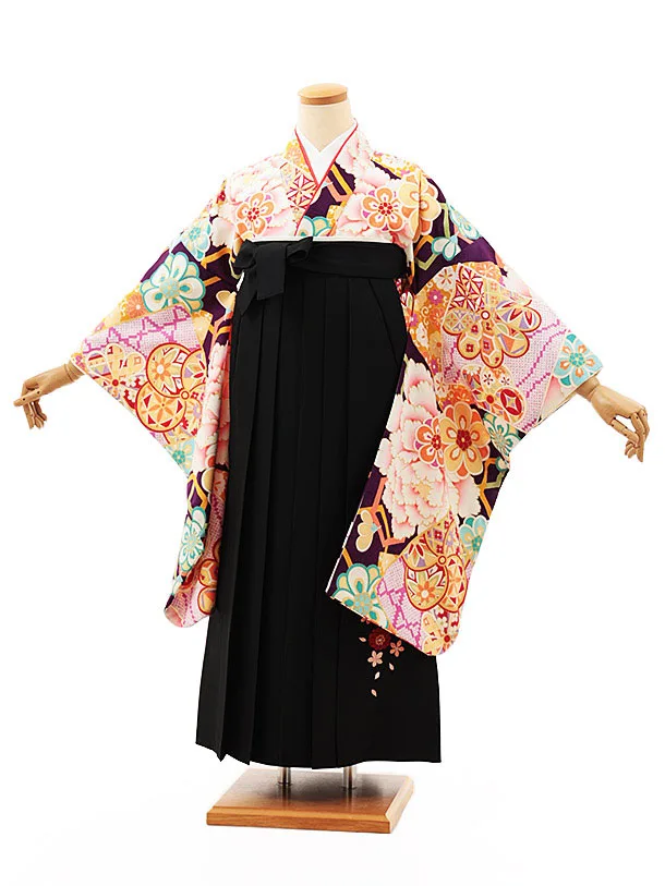 小学生卒業式略式袴(女の子) Z484 紫地古典牡丹×黒桜