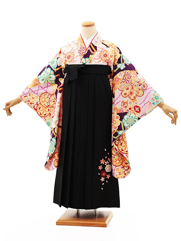 小学生卒業式略式袴(女の子) Z484 紫地古典牡丹×黒桜