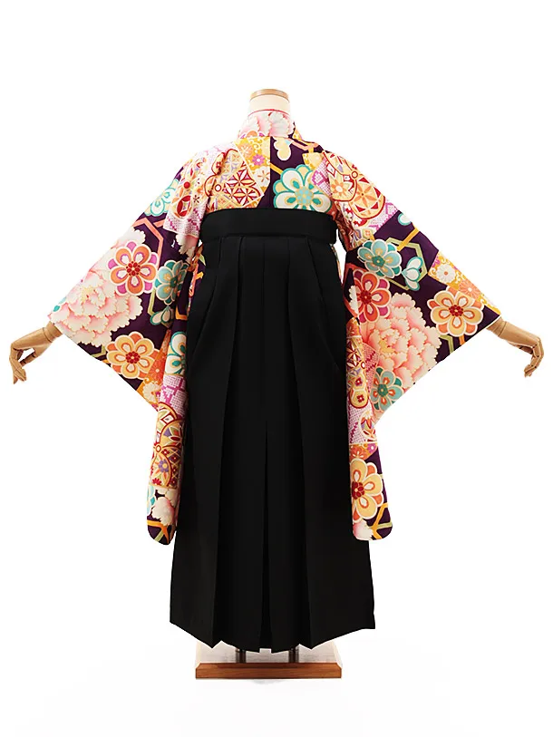 小学生卒業式略式袴(女の子) Z484 紫地古典牡丹×黒桜