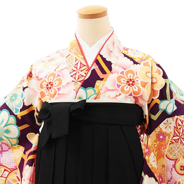 小学生卒業式略式袴(女の子) Z484 紫地古典牡丹×黒桜