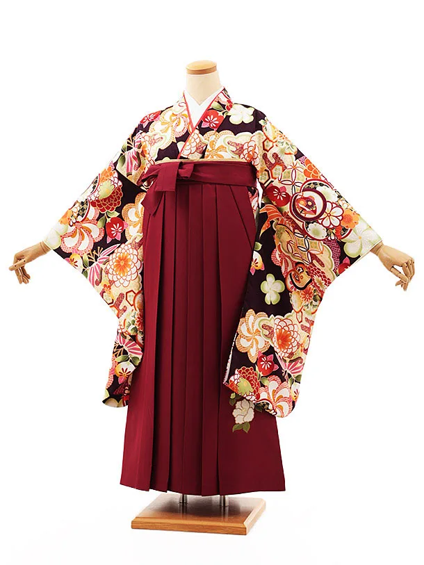 小学生卒業式略式袴(女の子) Z485 パープルブラウン古典梅菊×エンジ椿
