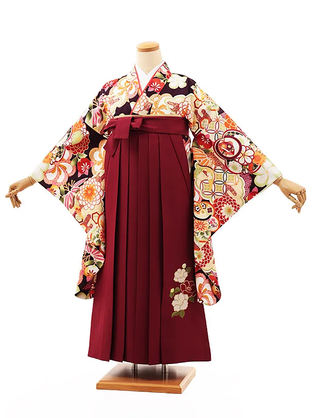 小学生卒業式かんたん袴(女の子) Z485 パープルブラウン古典梅菊×エンジ椿