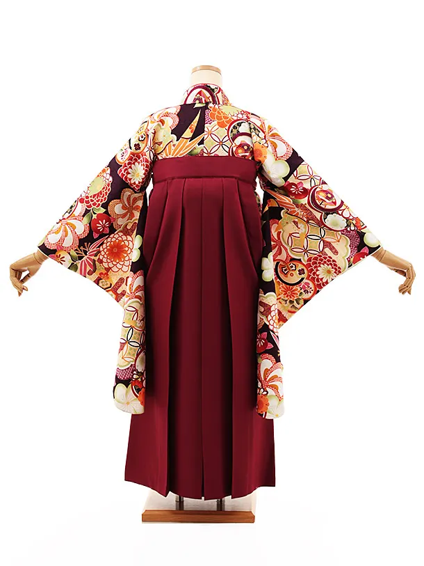 小学生卒業式かんたん袴(女の子) Z485 パープルブラウン古典梅菊×エンジ椿