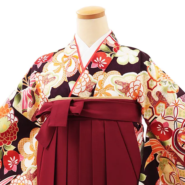 小学生卒業式かんたん袴(女の子) Z485 パープルブラウン古典梅菊×エンジ椿