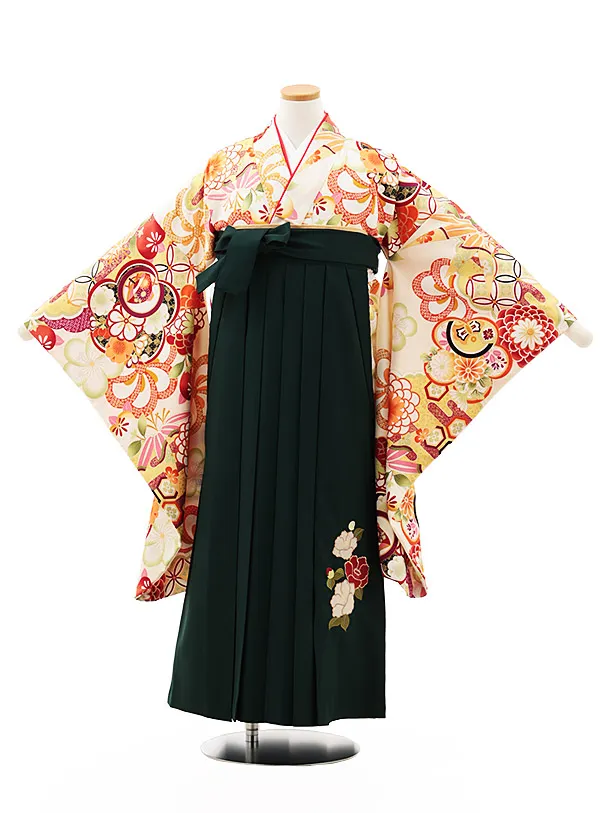 小学生卒業式略式袴(女の子) Z491 クリーム古典梅椿×グリーン椿