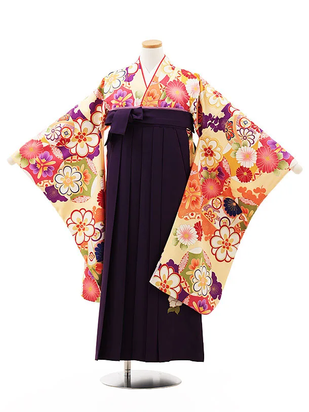 小学生卒業式略式袴(女の子) Z492 クリーム古典花づくし×紫椿