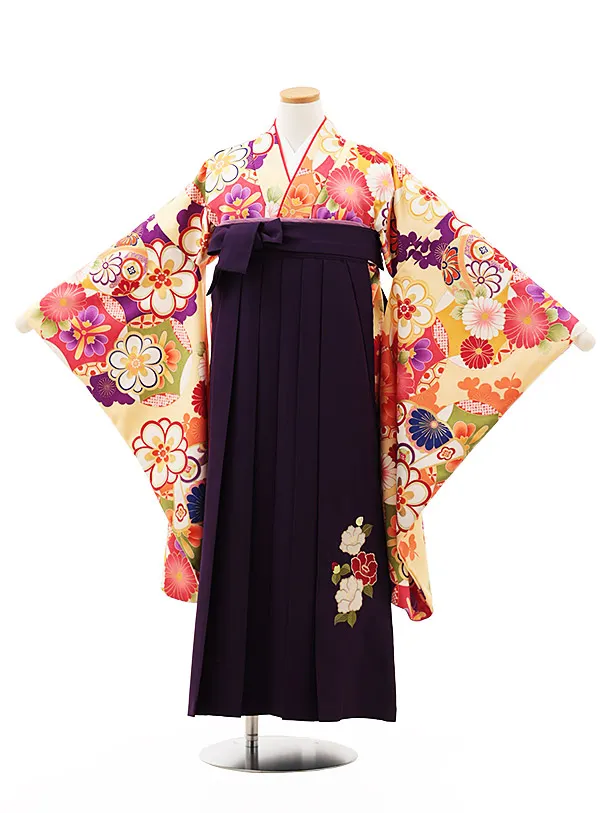 小学生卒業式略式袴(女の子) Z492 クリーム古典花づくし×紫椿