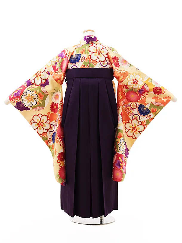 小学生卒業式略式袴(女の子) Z492 クリーム古典花づくし×紫椿
