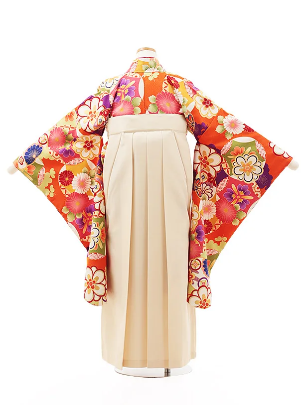 小学生卒業式略式袴(女の子) Z493 オレンジ古典花づくし×クリーム椿