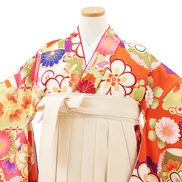 小学生卒業式略式袴(女の子) Z493 オレンジ古典花づくし×クリーム椿