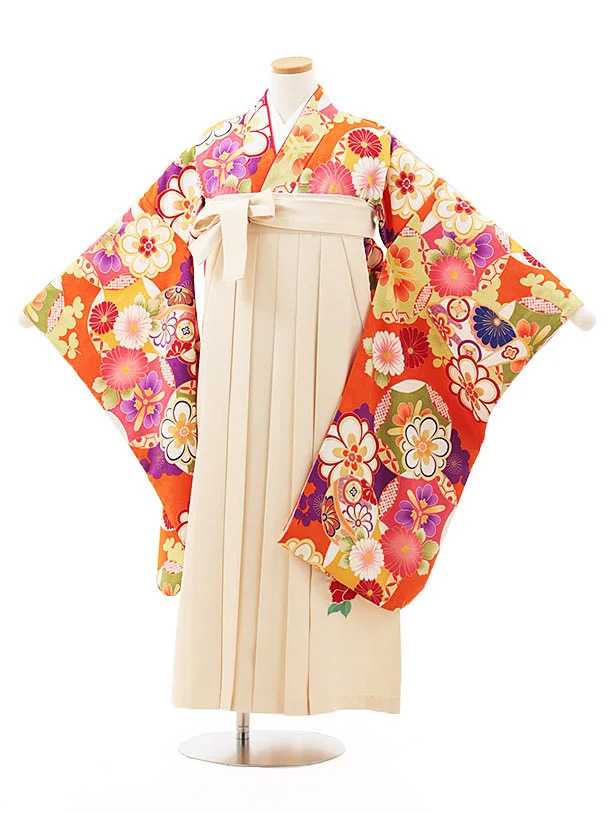 小学生卒業式略式袴(女の子) Z494 オレンジ古典花づくし×クリーム椿