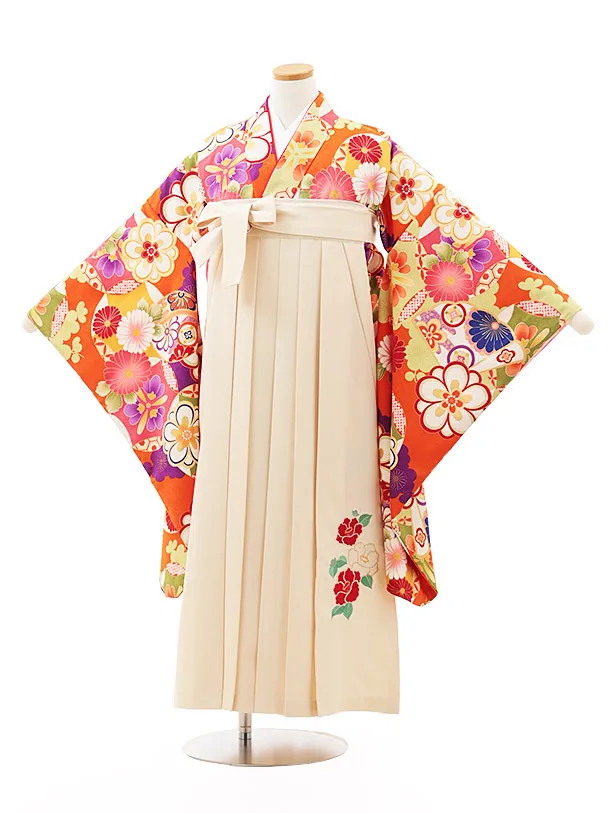 小学生卒業式略式袴(女の子) Z494 オレンジ古典花づくし×クリーム椿