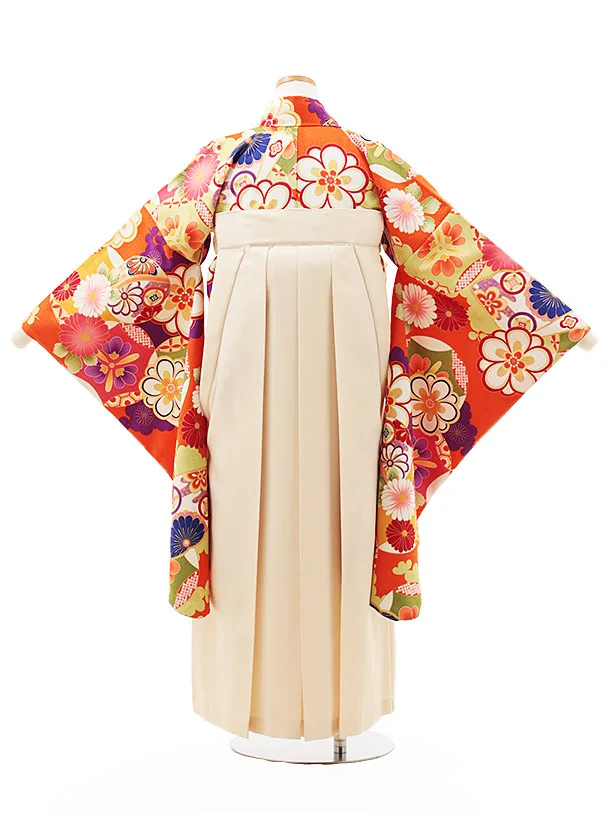 小学生卒業式略式袴(女の子) Z494 オレンジ古典花づくし×クリーム椿