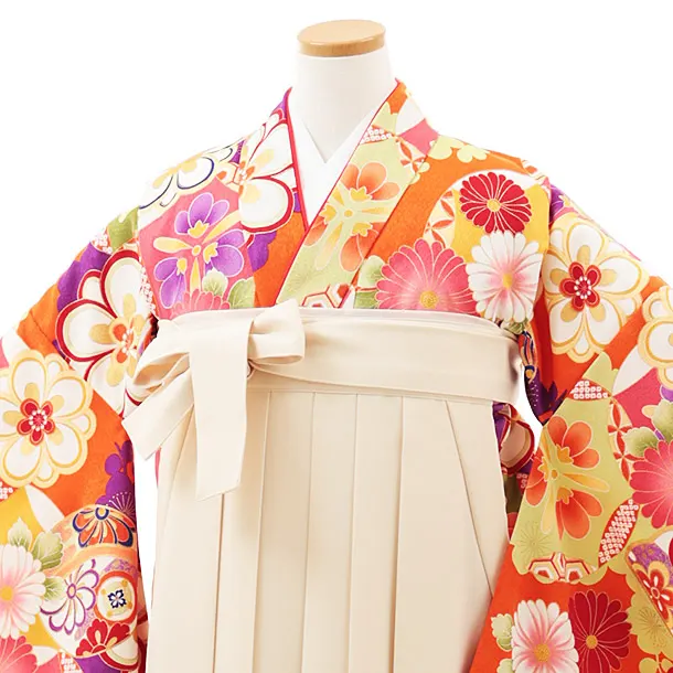 小学生卒業式略式袴(女の子) Z494 オレンジ古典花づくし×クリーム椿
