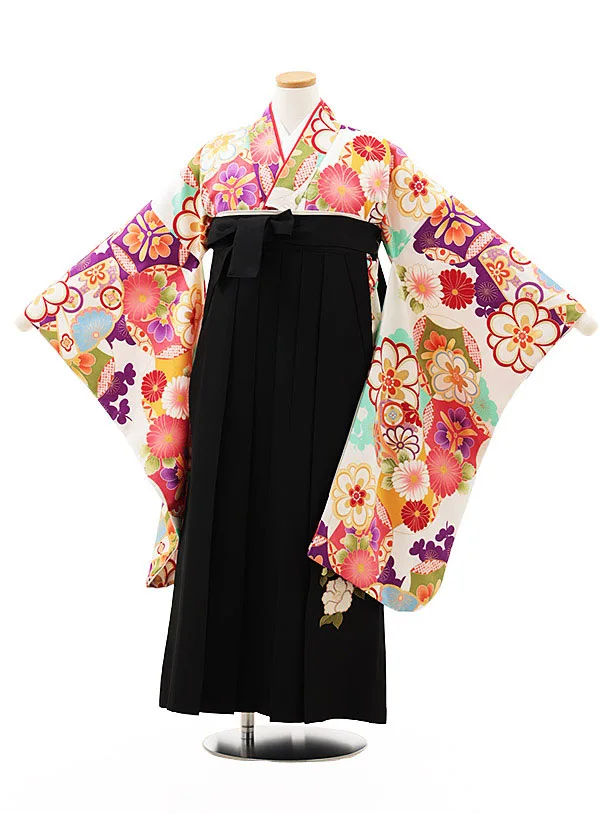 小学生卒業式略式袴(女の子) Z497 白 古典花づくし×黒椿