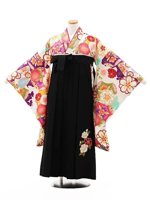 小学生卒業式略式袴(女の子) Z497 白 古典花づくし×黒椿