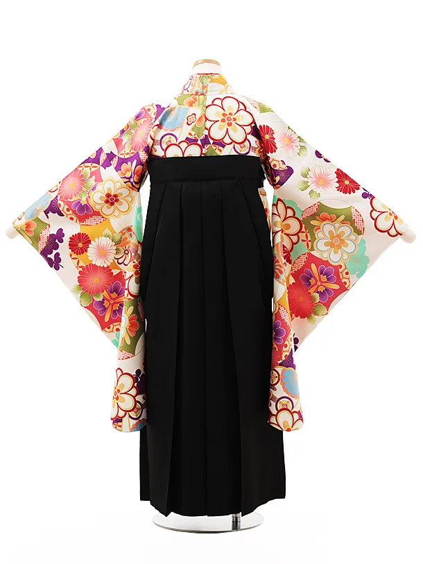 小学生卒業式略式袴(女の子) Z497 白 古典花づくし×黒椿