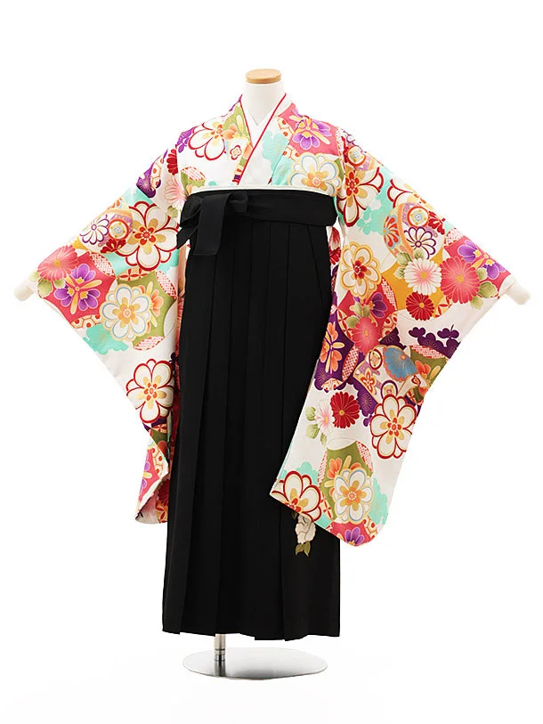 小学生卒業式略式袴(女の子) Z498 白 古典花づくし×黒椿