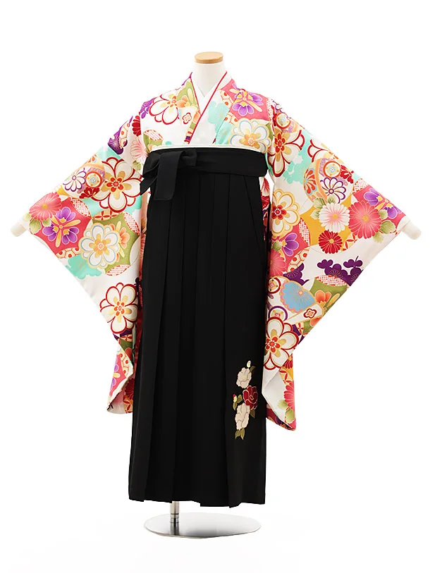 小学生卒業式略式袴(女の子) Z498 白 古典花づくし×黒椿