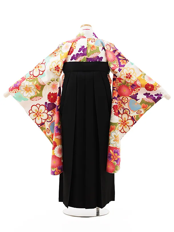 小学生卒業式略式袴(女の子) Z498 白 古典花づくし×黒椿