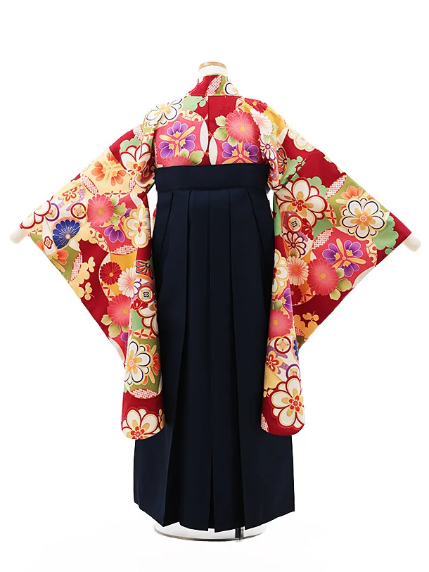 小学生卒業式かんたん袴(女の子) Z499 赤 古典花づくし×紺椿
