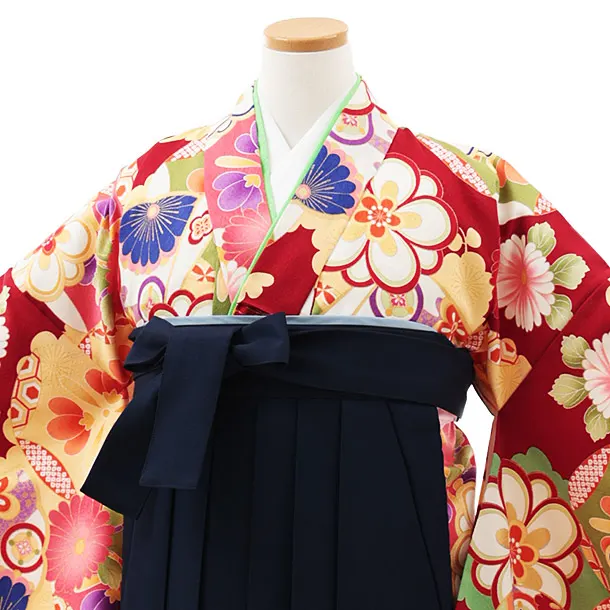 小学生卒業式かんたん袴(女の子) Z499 赤 古典花づくし×紺椿