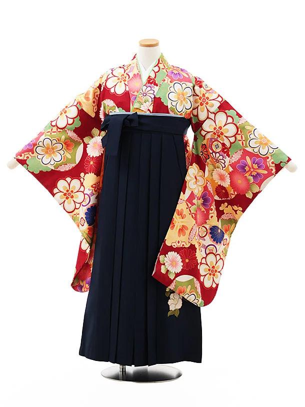 小学生卒業式略式袴(女の子) Z500 赤 古典花づくし×紺椿