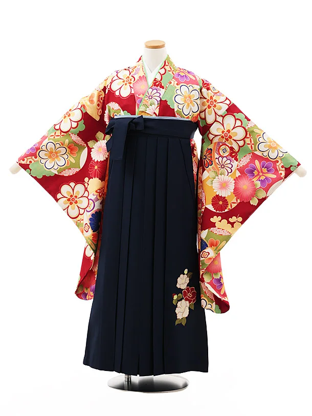 小学生卒業式かんたん袴(女の子) Z500 赤 古典花づくし×紺椿