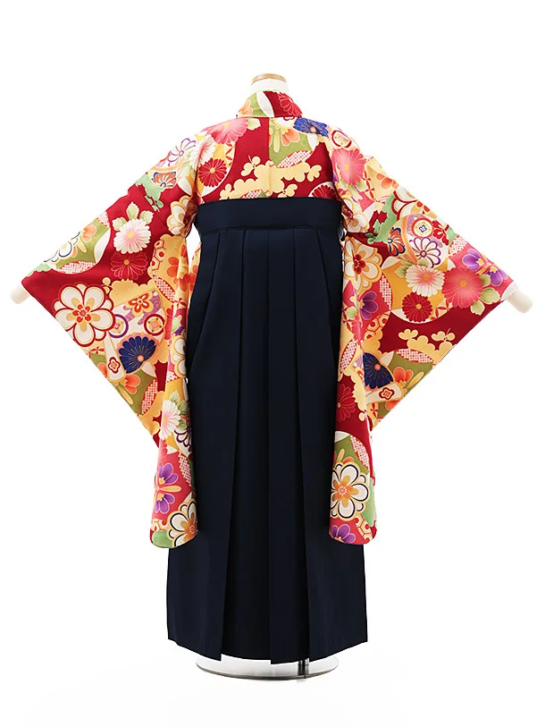小学生卒業式かんたん袴(女の子) Z500 赤 古典花づくし×紺椿