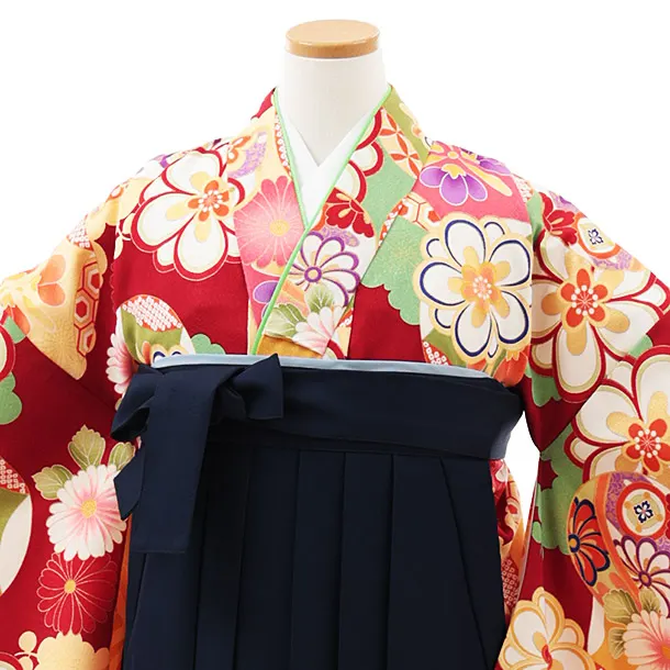 小学生卒業式かんたん袴(女の子) Z500 赤 古典花づくし×紺椿