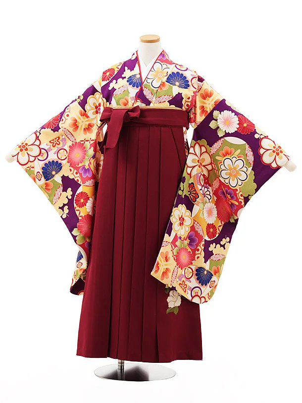 小学生卒業式略式袴(女の子) Z501 紫 古典花づくし×エンジ椿