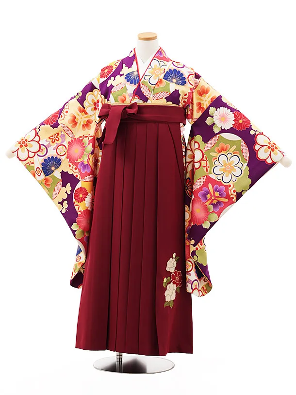 小学生卒業式略式袴(女の子) Z501 紫 古典花づくし×エンジ椿