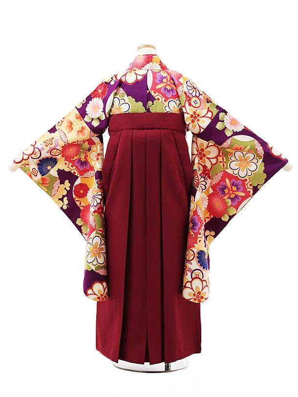 小学生卒業式略式袴(女の子) Z501 紫 古典花づくし×エンジ椿