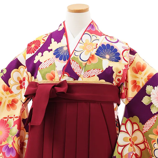 小学生卒業式略式袴(女の子) Z501 紫 古典花づくし×エンジ椿