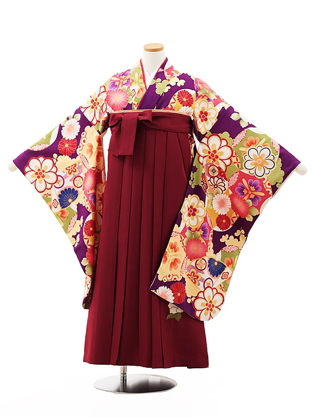 小学生卒業式略式袴(女の子) Z502 紫 古典花づくし×エンジ椿