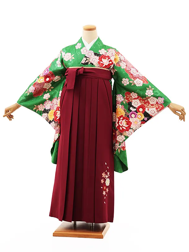 小学生卒業式略式袴(女の子) Z503 グリーン花づくし×エンジ桜